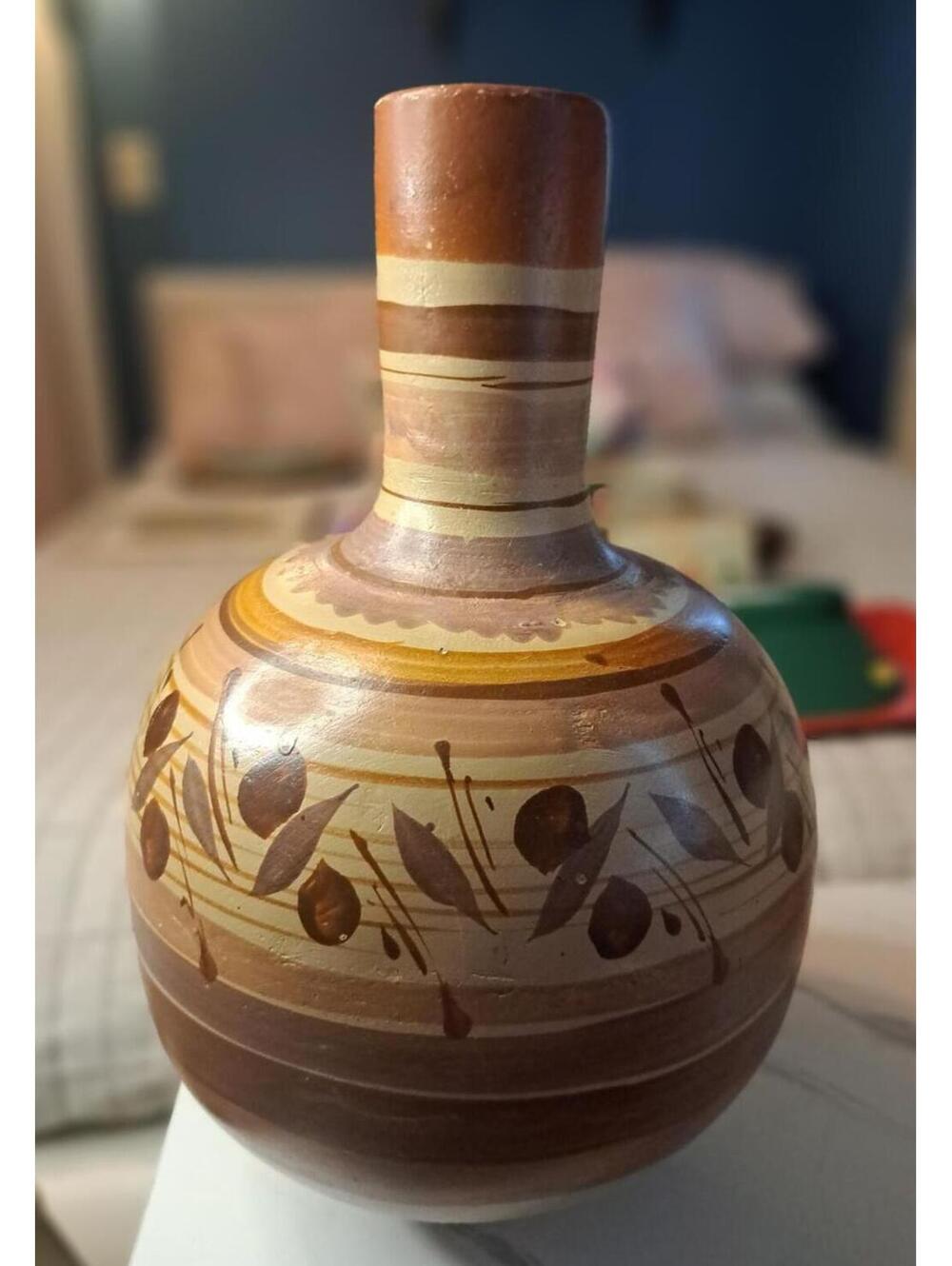 Vintage Mexican Folk Art Hand-Painted Tonala Clay Pottery Vase/Water Jug 12.5"